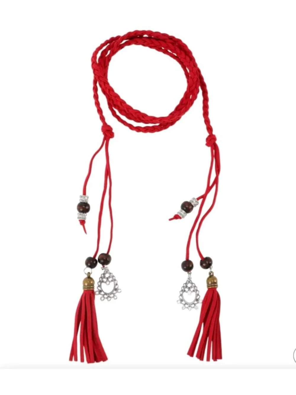 Red Braided Wrap-Around Waist Belt With Tassels & Metal Charms
